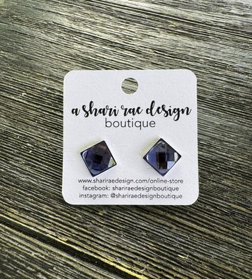 Navy Blue Glass Shiny Square Studs 12mm