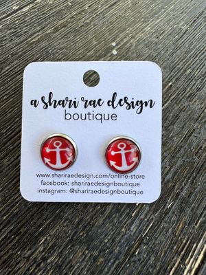 Red &amp; White Anchor Dome Circle Studs 12mm