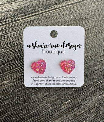 Pink Glittery Hearts Studs 12mm