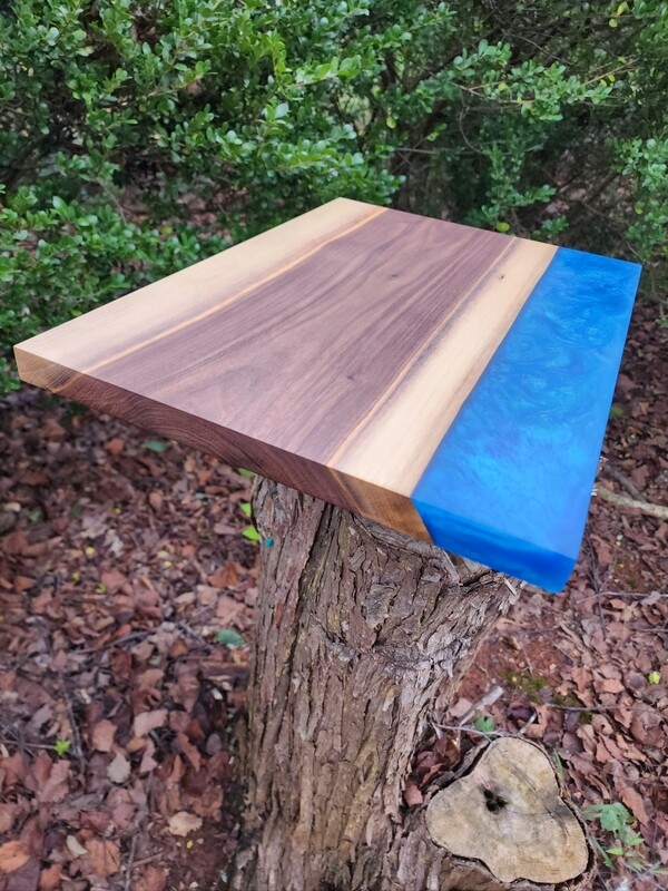 walnut and blue epoxy charcuterie board