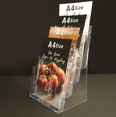 A4, 4-Pocket Clear Brochure Holder, Free Stand or Wall Mount.