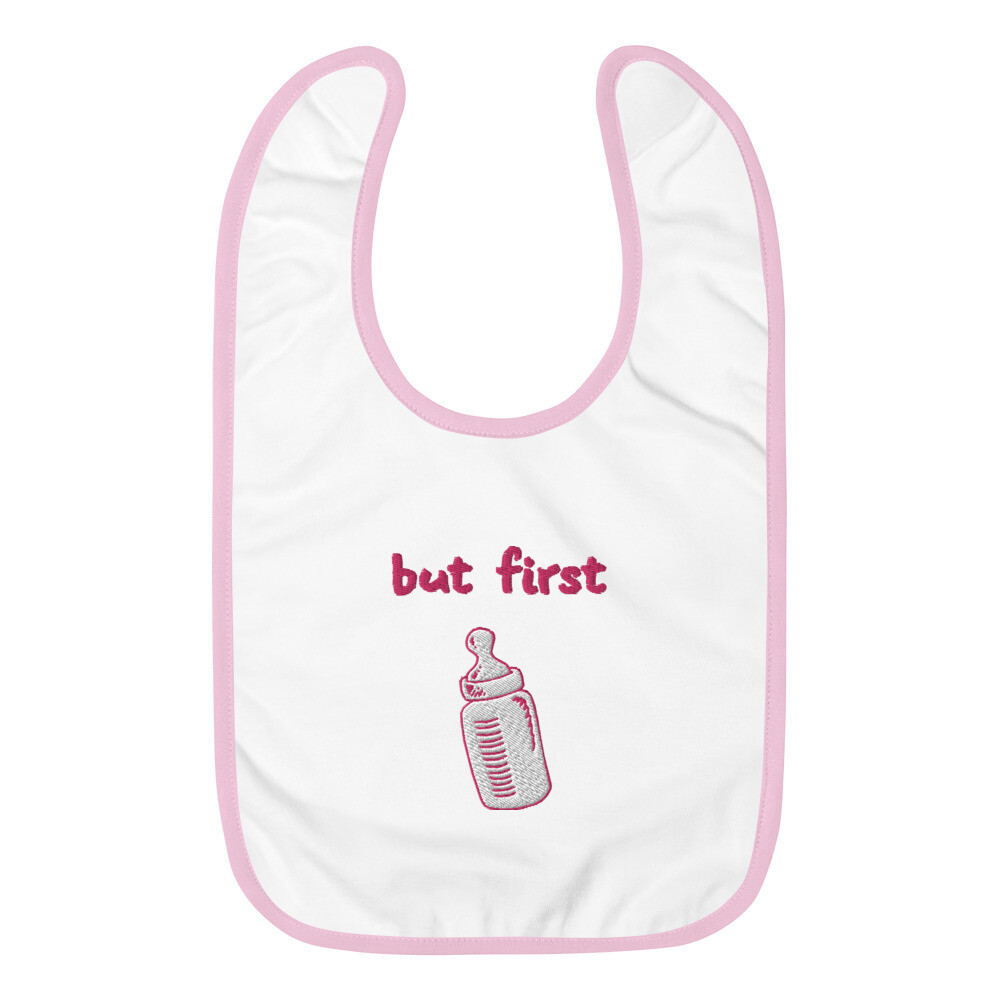 But First Baba Embroidered Baby Bib (Pink)