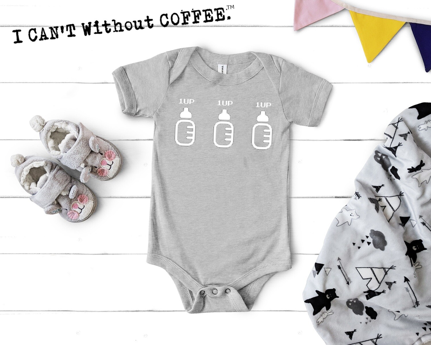 1UP (One) Baby Onesie, Color: Athletic Heather, Size: 3-6m, Print Color: White