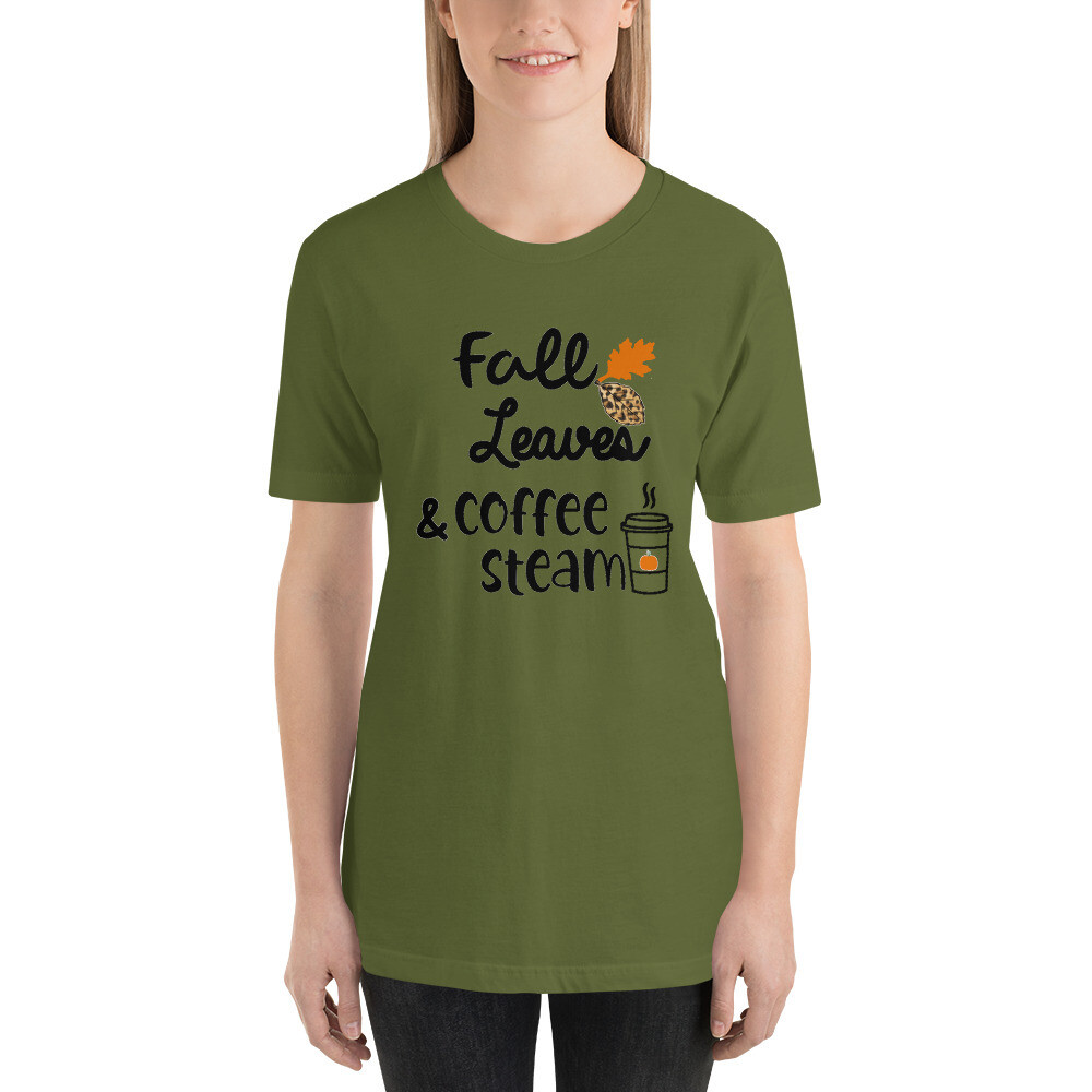 Fall Leaves and Coffee Steam Women&#39;s Fall T-Shirt, Color: Olive, Size: S