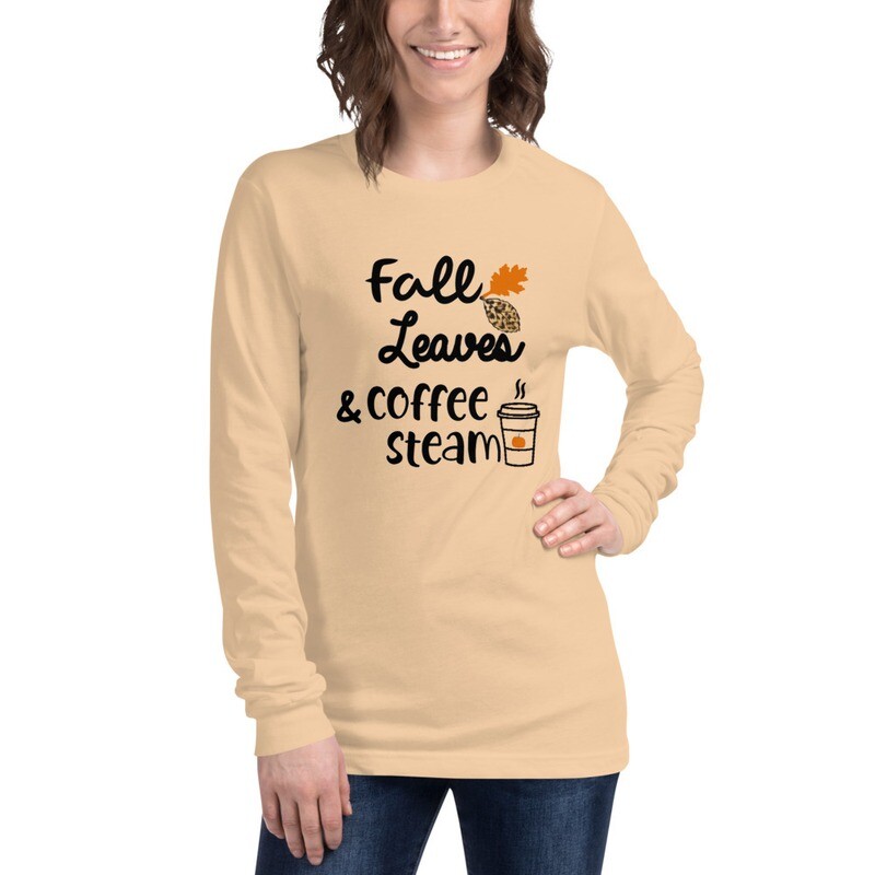Fall Leaves and Coffee Steam Women&#39;s Long Sleeve Crewneck T-Shirt