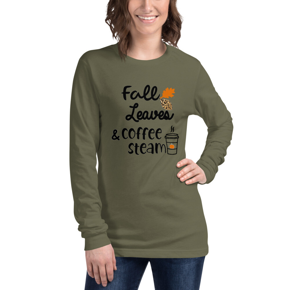 Fall Leaves and Coffee Steam Women&#39;s Long Sleeve Crewneck T-Shirt, Color: Military Green, Size: XS