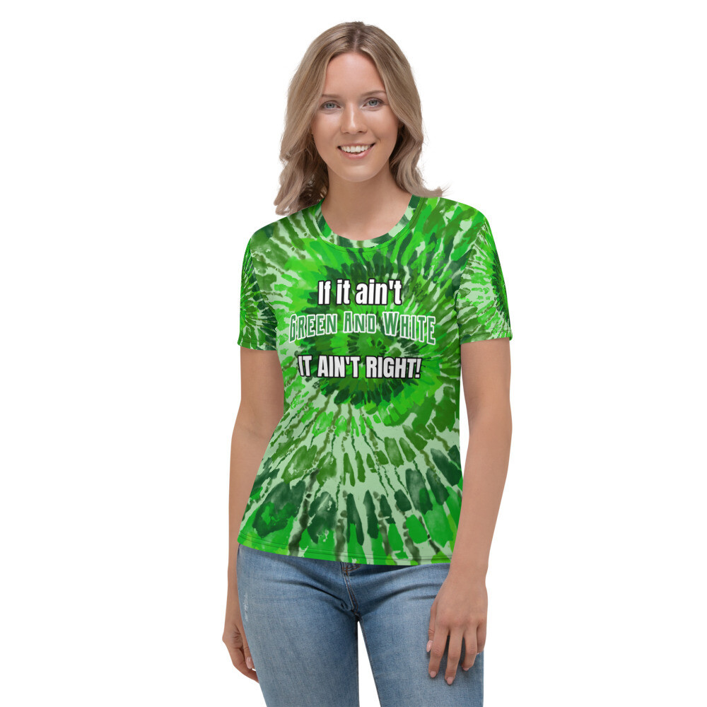 Green &amp; White Tie Dye Graphic Women&#39;s Crewneck T-shirt, Size: XS