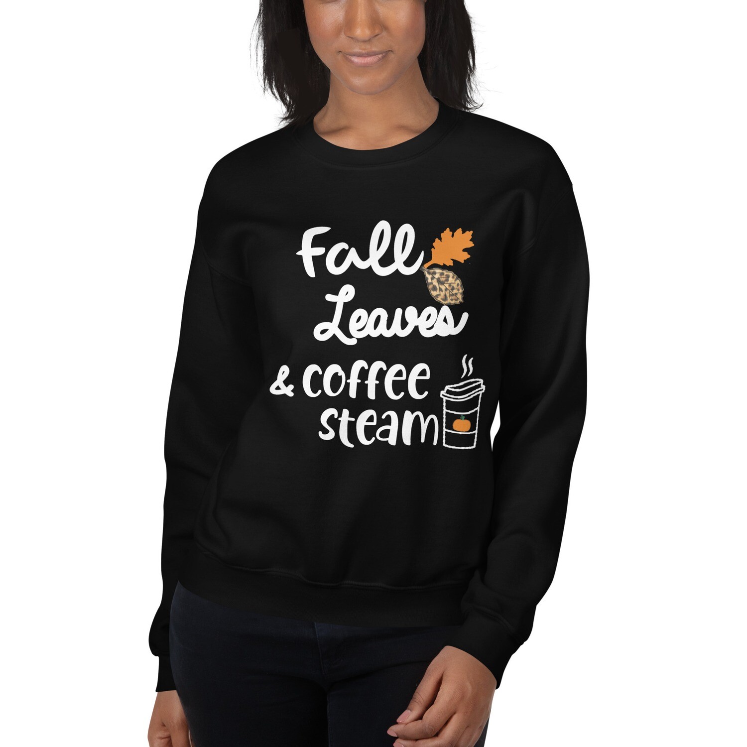  Fall Leaves and Coffee Steam Women&#39;s Crewneck Sweatshirt, Color: Black, Size: S