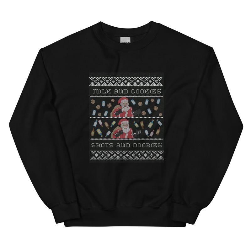 Milk and Cookies Shots and Doobies Christmas Holiday Funny Humor crewneck Unisex Sweatshirt