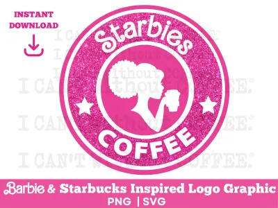 Pink Barb Doll Starbies Coffee Inspired Logo Graphic - Curly Hair- Instant download