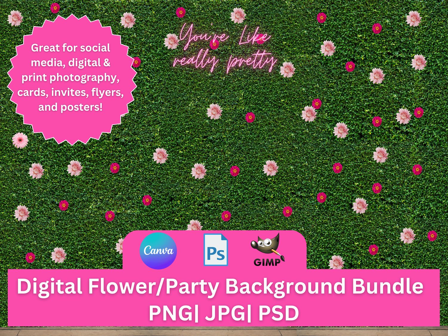 Flower wall digital backdrop, Photoshop background, party wall, PNG, PSD, JPG, backdrop , digital prop, Boxwood Wall Backdrop, download