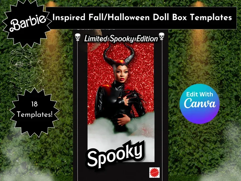 Halloween Barb Doll box, Canva template, Instagram Template, Halloween png, overlay, Doll Box template, Compositing, Transfer, Sublimation