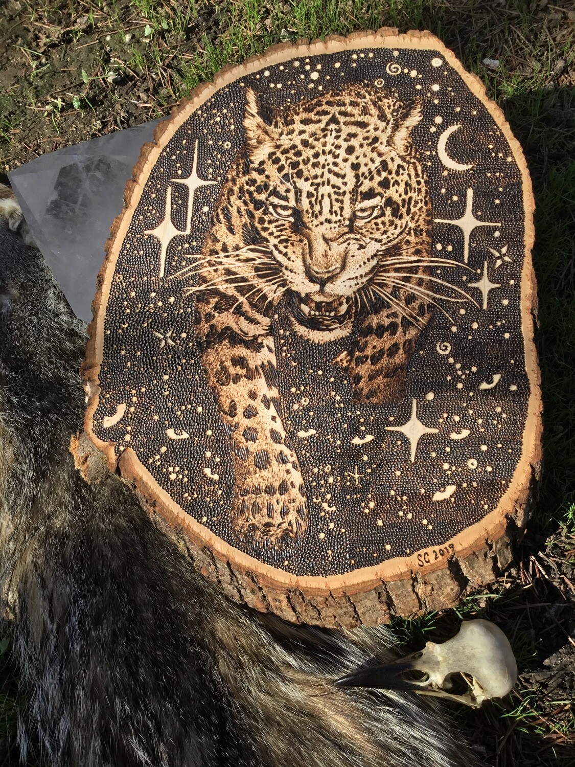 Jaguar wood burnt art