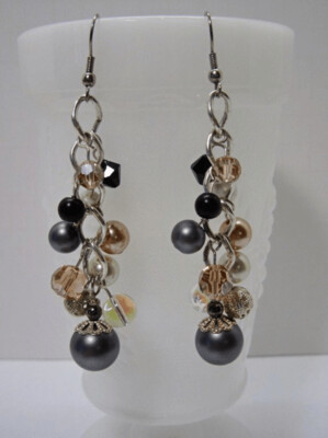 Grey Glass Pearls and Crystals Earrings