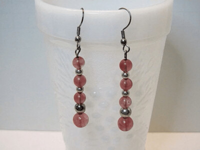 Cherry "Quartz" Glass and Silver Drop Earrings