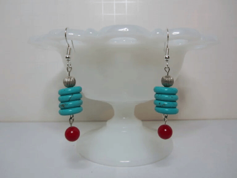 Turquoise Magnesite and Red Coral Earrings