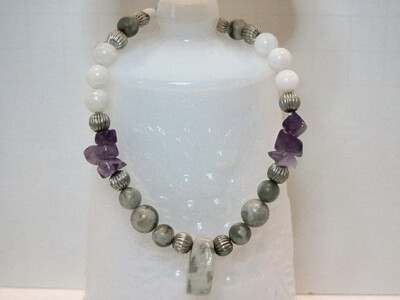 Amethyst Chips, Peacestone Jade, and White Riverstone Bracelet