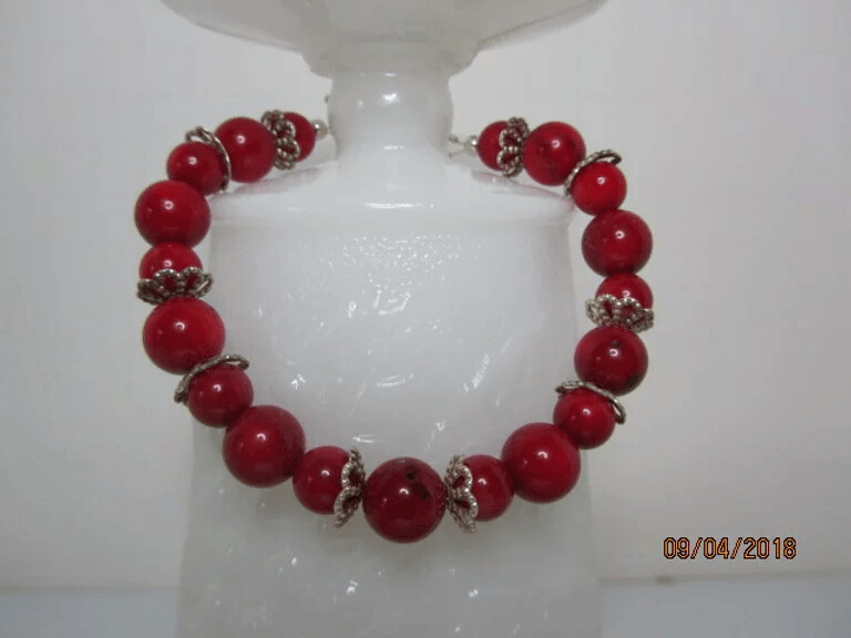 Red Coral Round with Silver Bead Caps