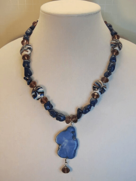 Navy Magnesite and Blue striped glass, Amethyst Crystals