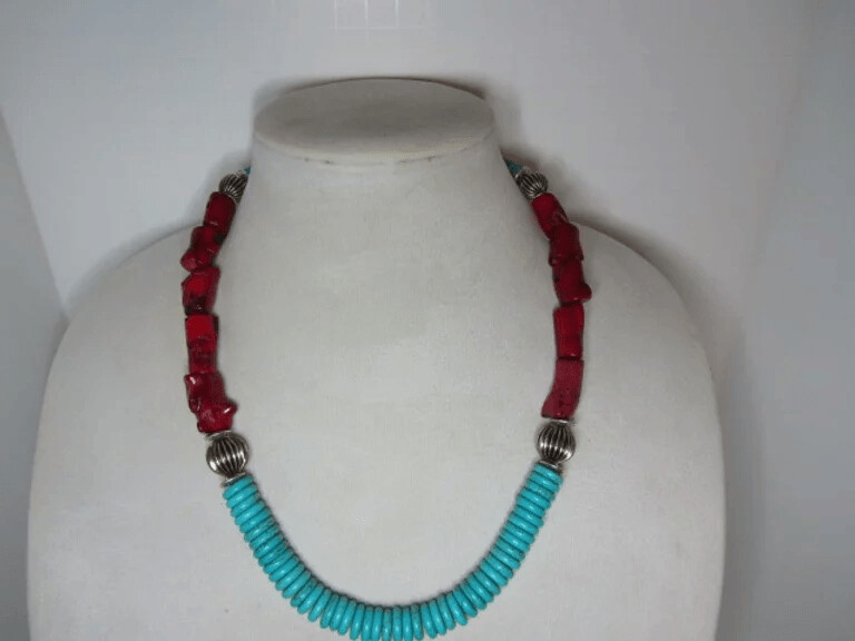 Turquoise Magnesite and Red Coral Necklace