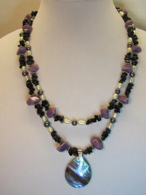 Purple Jade, Mint & Peacock Pearls, Onyx Chips with Abalone Pendant