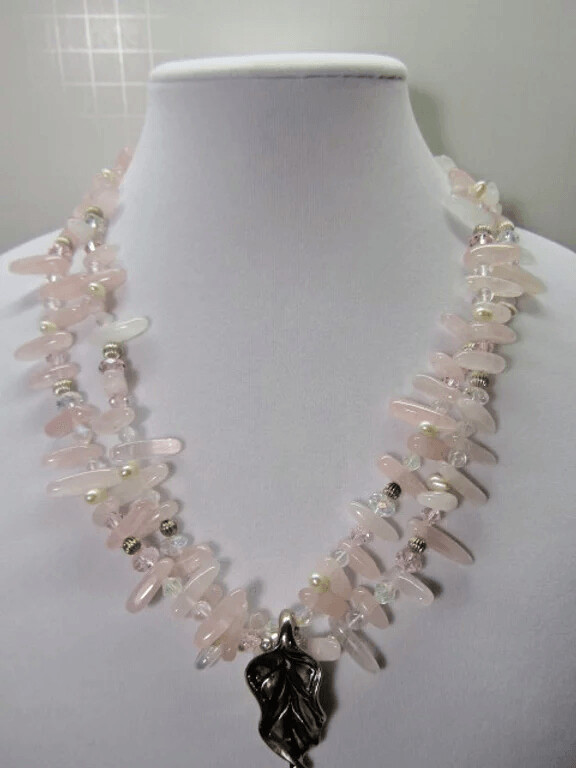 Rose Quartz Stick, Pearls, and Crystal 2 Strand Necklace