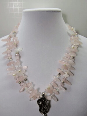 Rose Quartz Stick, Pearls, and Crystal 2 Strand Necklace