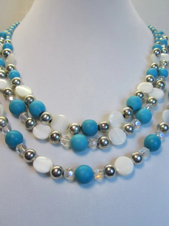 Turquoise and Mother of Pearl Multi Strand Necklace
