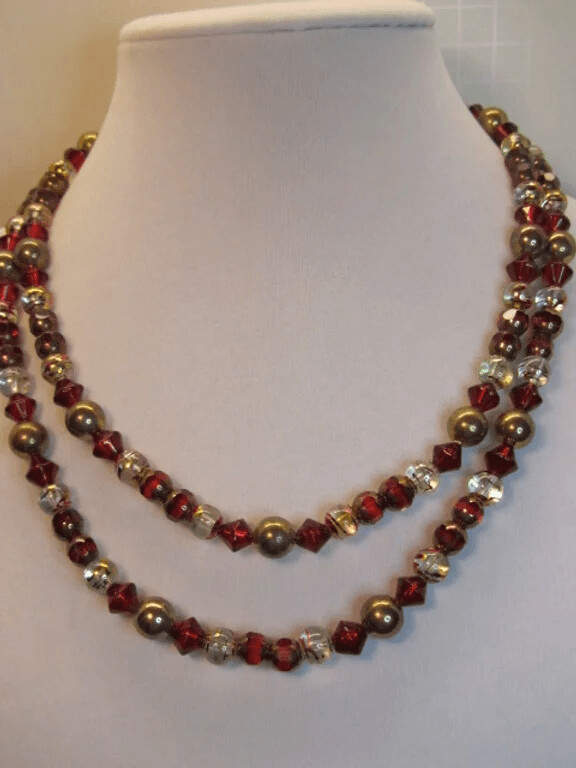 Red Glass and Gold 2 Strand Necklace
