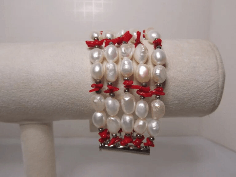 5 Strand Bracelet White Pearls and Red Coral