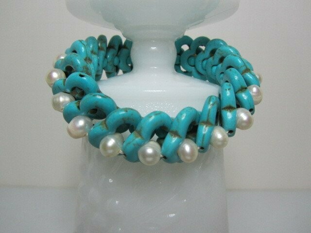 Turquoise Magnesite Clover with White Freshwater Pearls