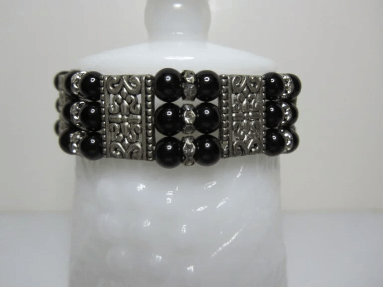 Black Agate and White Austrian Crystal Stretch Bracelet