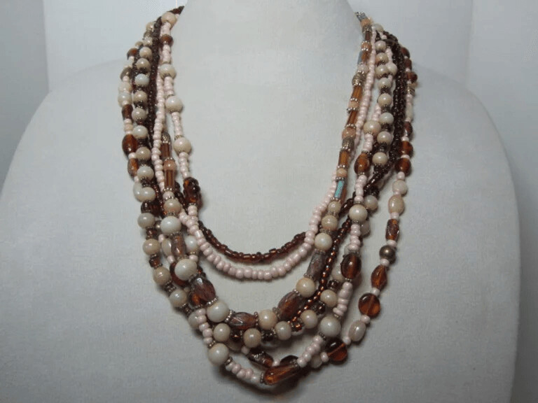 Gold, Ivory, Brown Glass Multi Strand Necklace