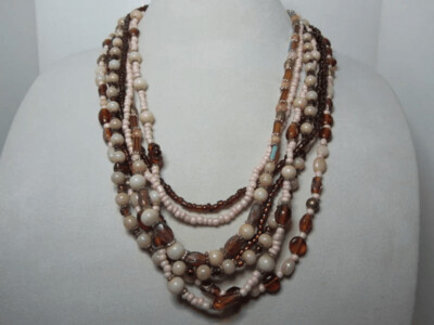 Gold, Ivory, Brown Glass Multi Strand Necklace