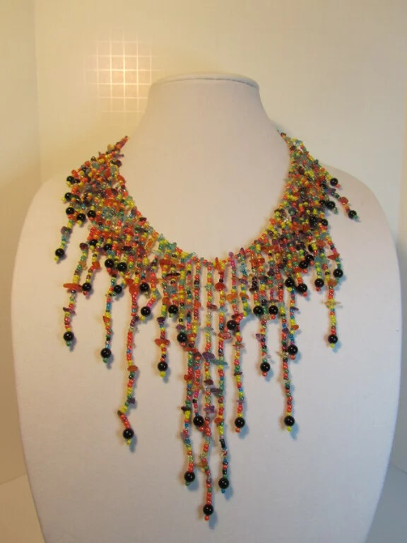 Multicolored Bib with Gemstones, Black Agate, and Seed Beads