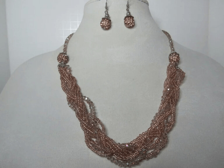 Champagne Crystal and Seed Bead Multi Strand With Matching Earrings