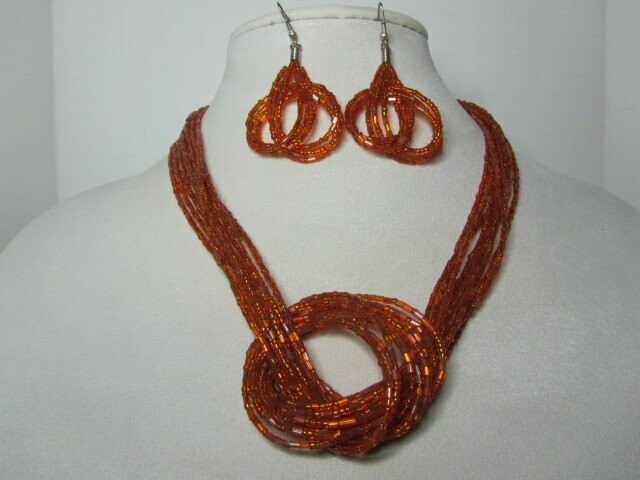 Multi Strand Seed Beads with Knot - Orange