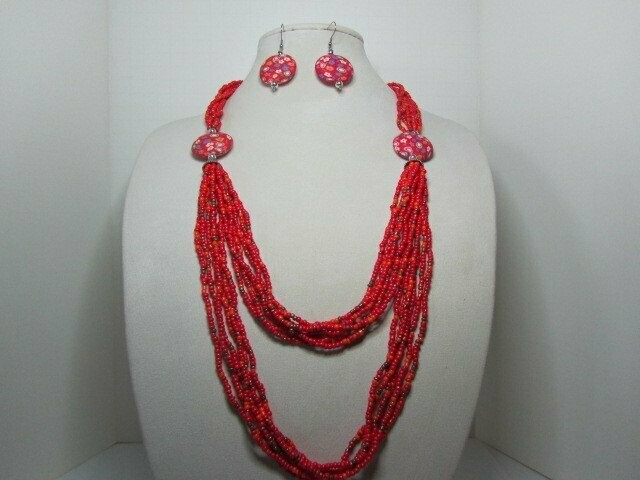 German Ceramic Clay Beads Multi Strand Seed Beads  Red, Orange, and Brown