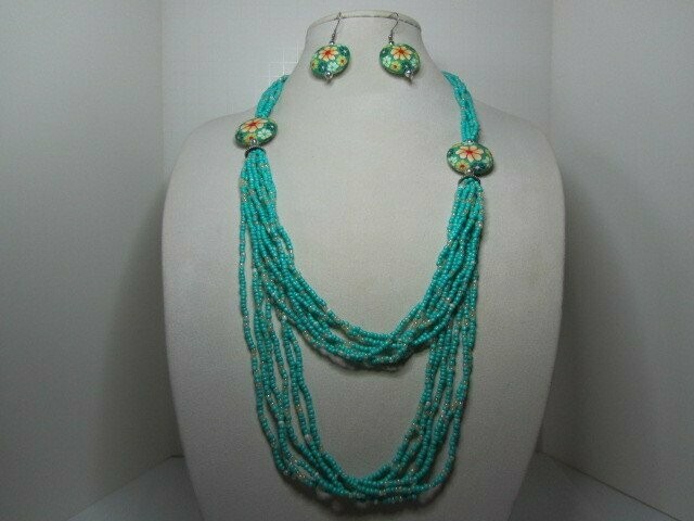German Ceramic Clay Multi-strand Aqua & White Seed Bead Necklace & Earrings