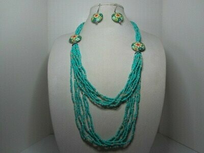 German Ceramic Clay Multi-strand Aqua & White Seed Bead Necklace & Earrings
