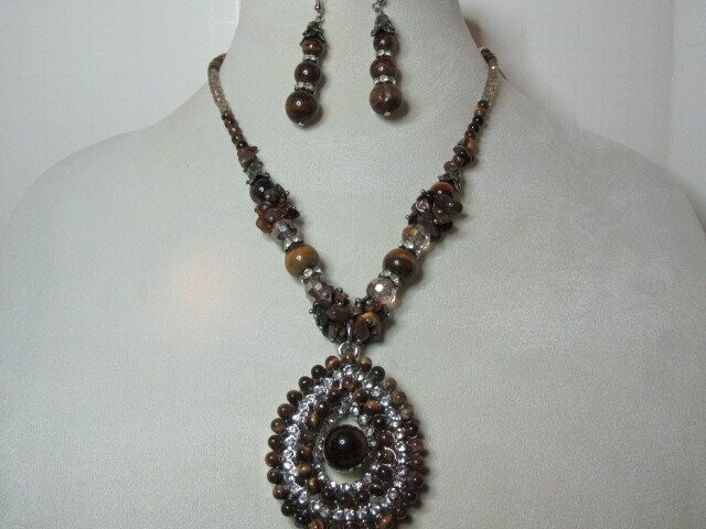 Tiger Eye and Crystal Necklace and Earrings