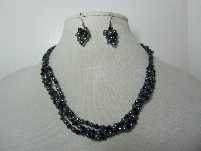 Midnight Blue Faceted Glass and Seed Bead Multi Strand and Earrings