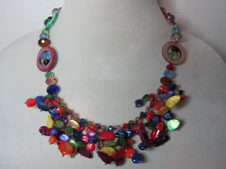 Multi Colored Shell with Crystal Beads Necklace, Bracelet, and Earrings