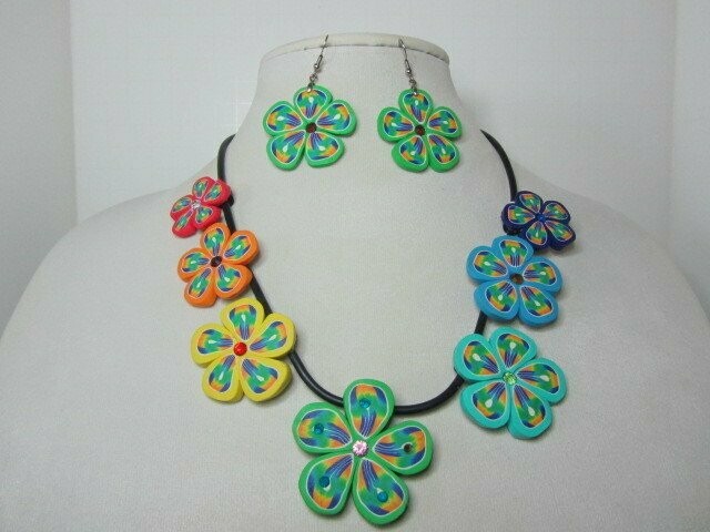 Ceramic Clay Multi-colored Flowers Necklace & Earrings