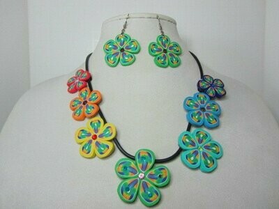 Ceramic Clay Multi-colored Flowers Necklace & Earrings
