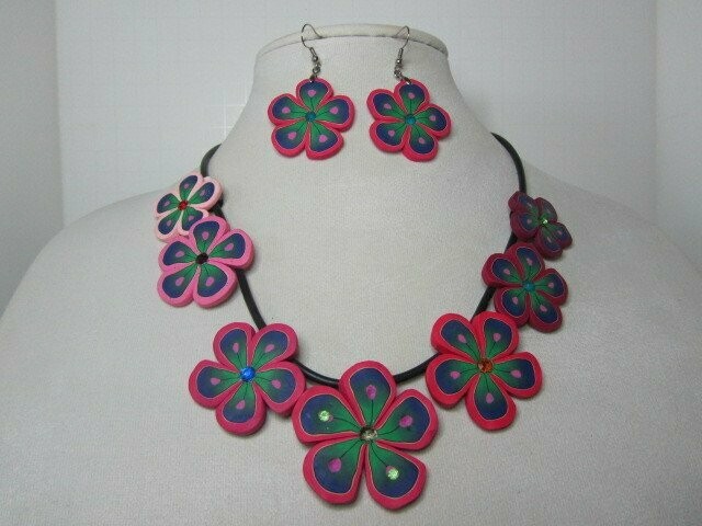 Ceramic Clay Flowers Necklace & Earrings in Pink