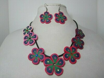 Ceramic Clay Flowers Necklace & Earrings in Pink