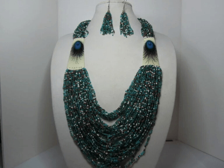 Teal Multi Strand Seed Bead Necklace & Earrings