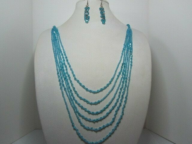 Blue Faceted Glass Multi Strand Necklace and 2" Drop Earrings