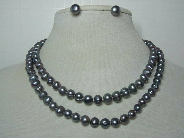 Peacock Double Strand Pearl Necklace and Earrings